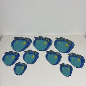 Vintage 9pc Blue Cork Apples Mid-Century Trivet Set MCM